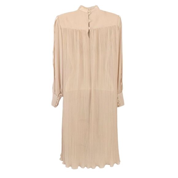 VINTAGE Pleated Midi trapeze Dress with high neck Beige neutral tone Small @L - Picture 6 of 12